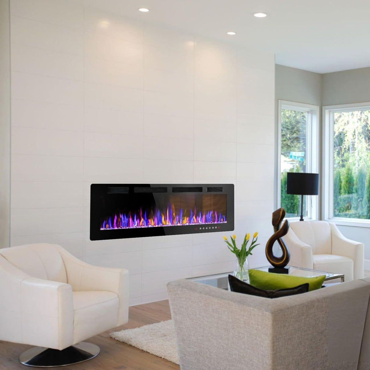 VENDORZ Electric Fireplace 50 Inch Recessed and Wall Mounted, Ultra-Thin Inserts Electric Fireplace Heater with Remote Control, Timer, Adjustable Flame Colors Speed Brightness, Log & Crystal Options VENDORZ