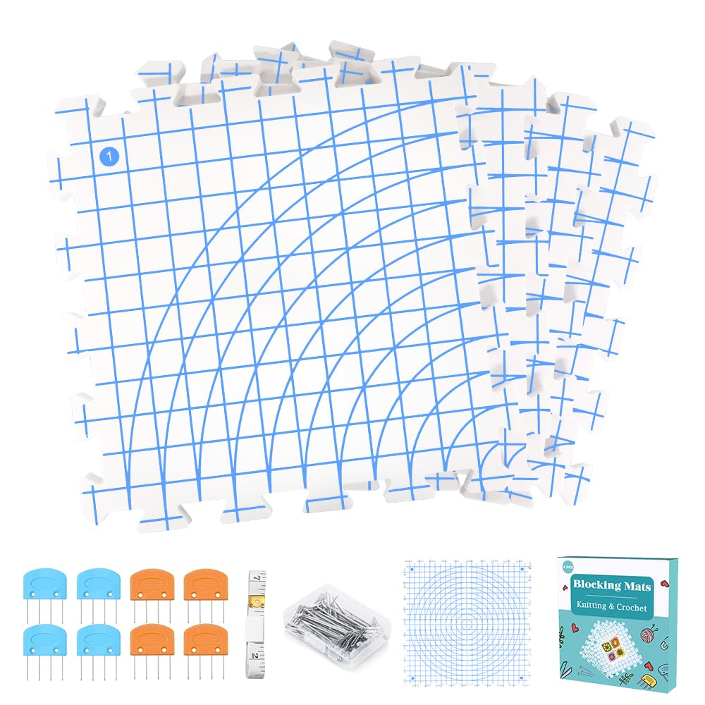 Yarniss Blocking Mats for Knitting with Circular Gridlines 12.6“x12.6”, Double-Sided Crochet Blocking Board Set Includes 50 T-Pins & 8 Combs,4 Packs Yarniss