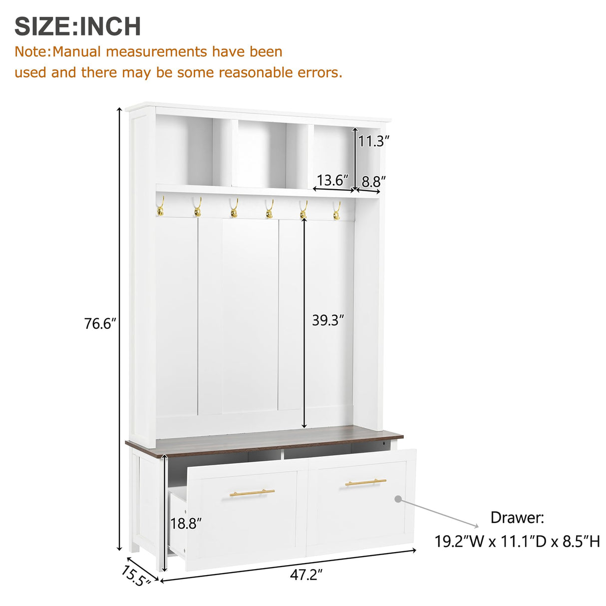 Merax 47" Farmhouse Wood Hall Tree with Bench, Entryway Coat Rack with 6 Golden Hooks& Open Shelf, Brown Wood Grain Bench with 2 Drawers, White 47.2''W*76.6''H Merax