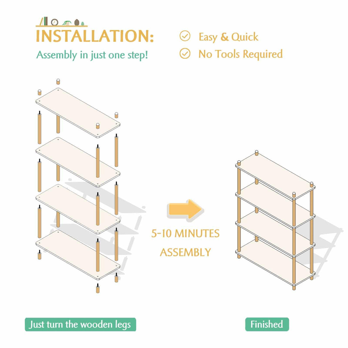 IOTXY 5-Tier Wooden Shelf Bookcase - Modern Open Bookshelf, Free Standing Storage Rack, Multifunctional Display Stand for Home and Office, Oak, Rectangle IOTXY