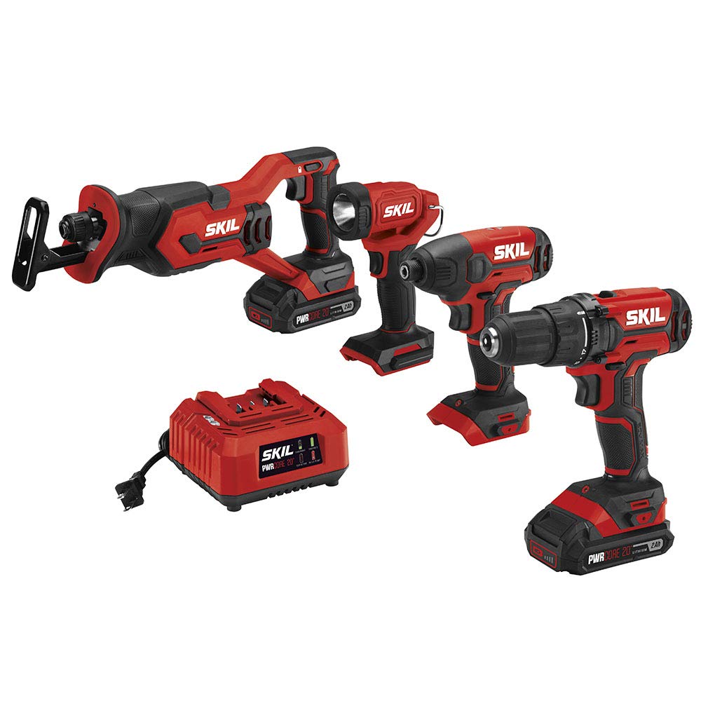 SKIL 4-Tool Kit: 20V Cordless Drill Driver, Impact Driver, Reciprocating Saw and LED Spotlight, Includes Two 2.0Ah Lithium Batteries and One Charger - CB739601, White Skil
