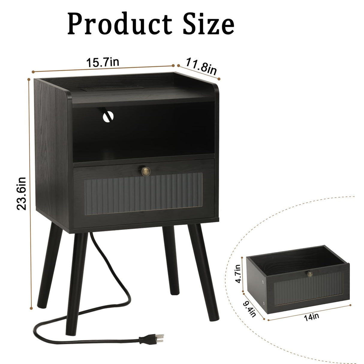 AWASEN Black Nightstand with Charging Station, Modern Bedside Table with Glass Decorative Drawer, Small End Table Side Table with 2 Tiers Storage Space, for Bedroom, Office and Small Space (Black) AWASEN