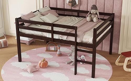 Full Loft Bed with Ladder,Rubber Wood Kids Bed with Guardrails,Low-Profile Lofts for Children’s Room,Space-Saving Underbed Storage,Sturdy Construction,Minimalist Design for Bedroom, Espresso GDFStudio