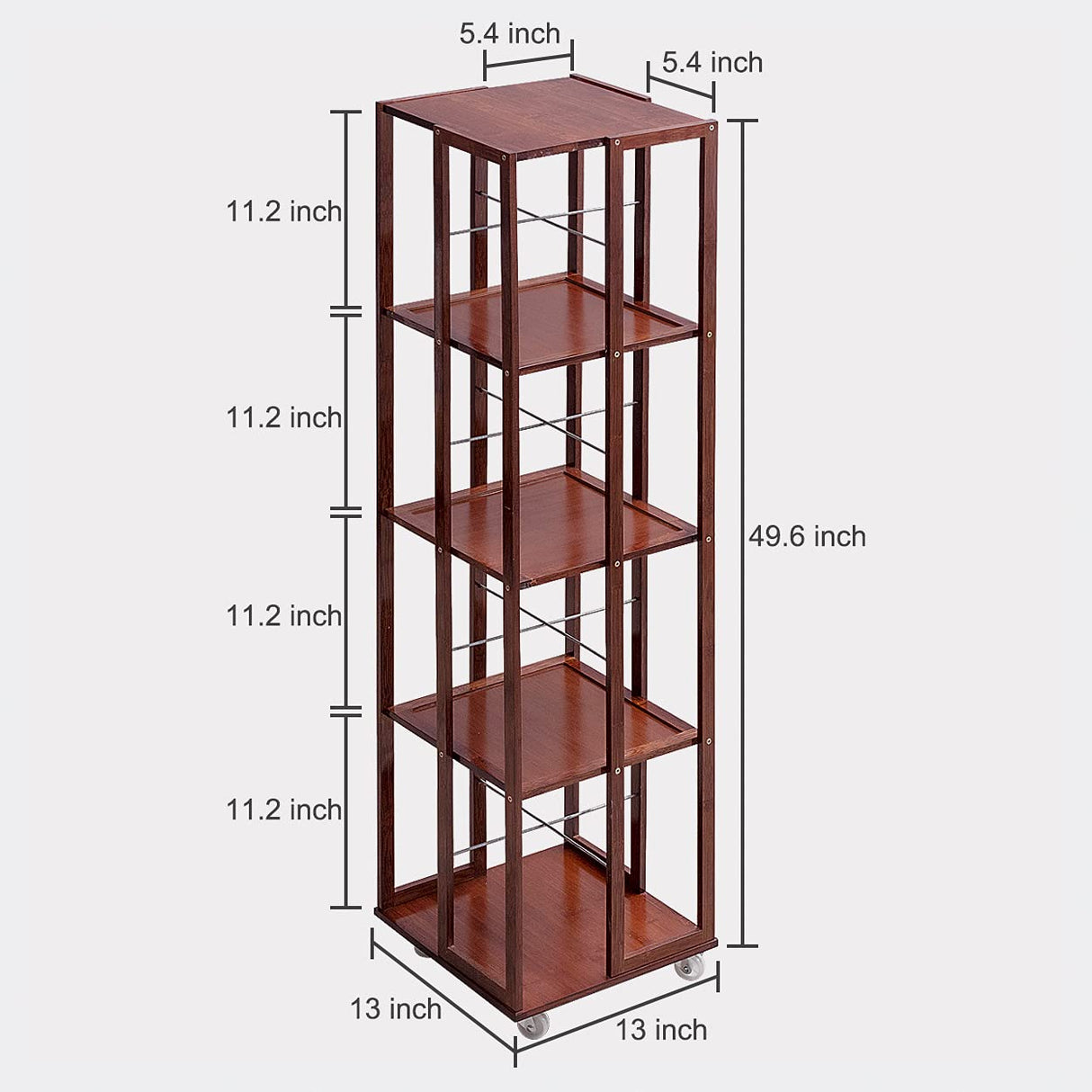 COPREE 5-Tier Walnut Bamboo Rolling Bookshelf with 360° Rotation and Wheels COPREE