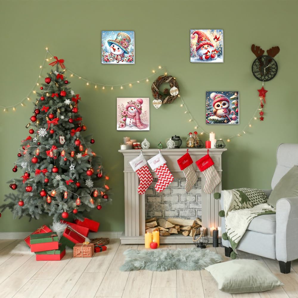 4 Pack Christmas Paint by Number for Kids with Wooden Frame, Paint by Numbers for Kids Xmas Ages 4-8-12, Easy Gnome Snowmen Owl DIY Acrylic Oil Painting Kits for Home Wall Decor (8X8 inch) xackcme
