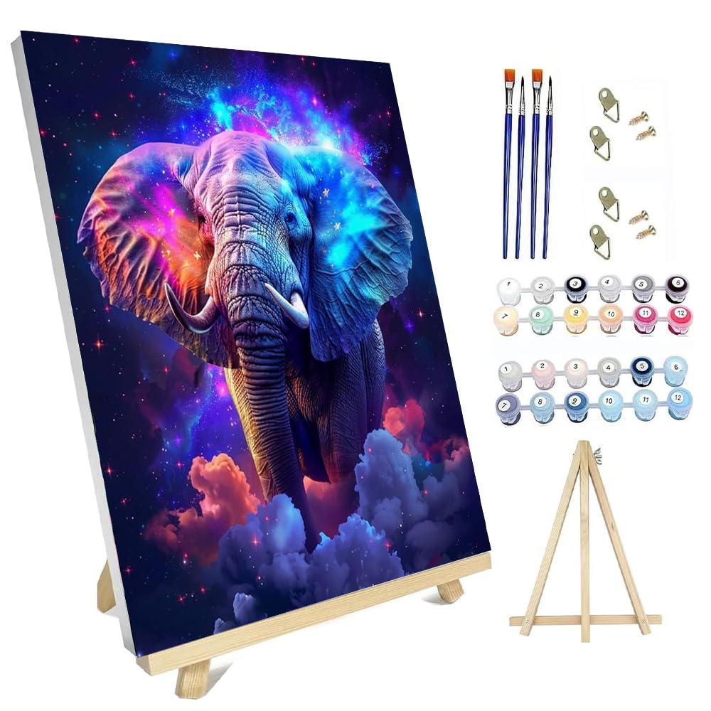 hyzsj Paint by Number for Adults Framed Canvas, DIY Elephant Arts and Crafts for Adults Beginner with Wooden Easel, Paint Brushes, Acrylic Paint Set for Home Wall Decor hyzsj