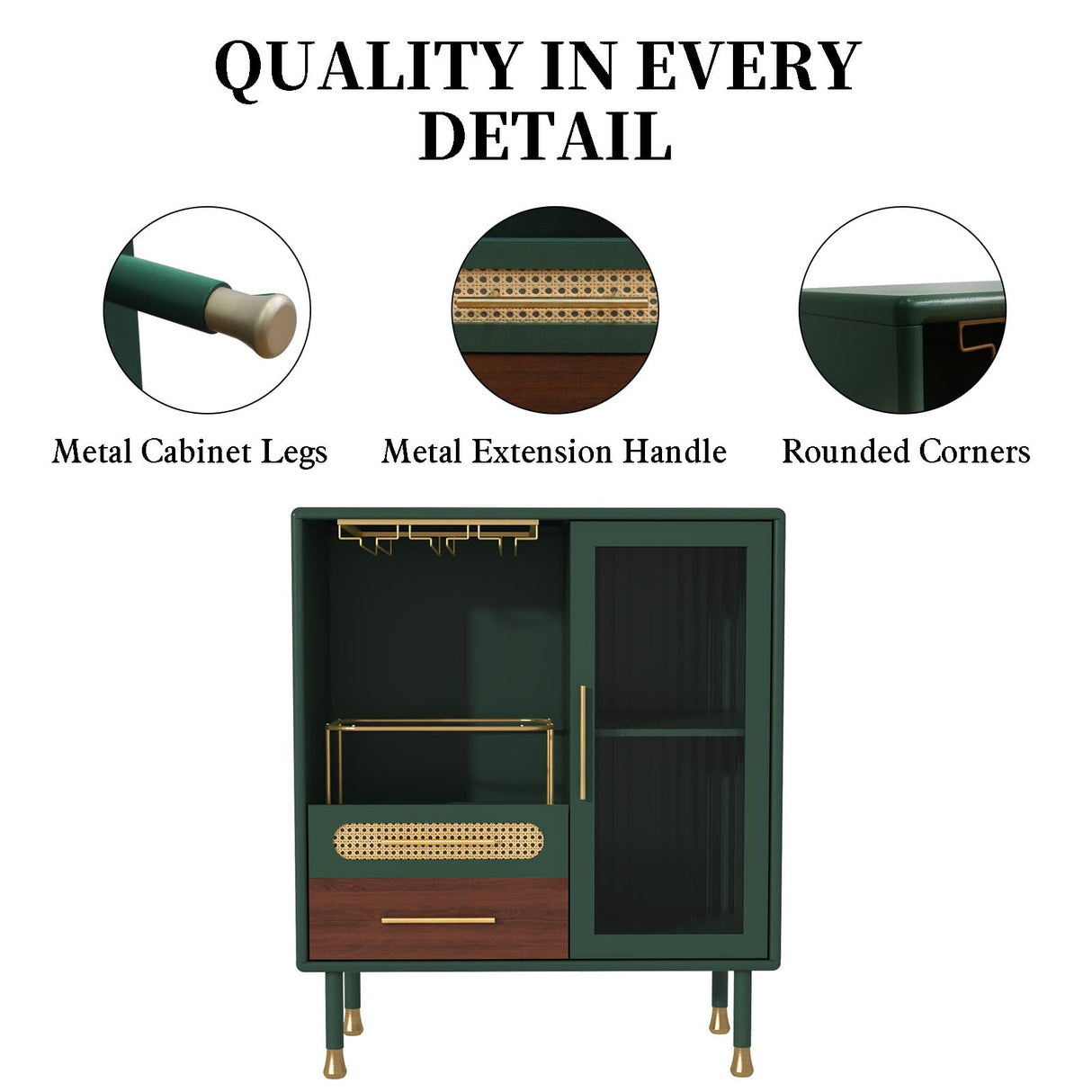 ARTPOWER Modern Coffee Bar Cabinet with Wine Glass Rack and Drawers, Green Liquor Cabinet with Pull-Out Wine Storage for Kitchen, Dining Room, Living Room ARTPOWER