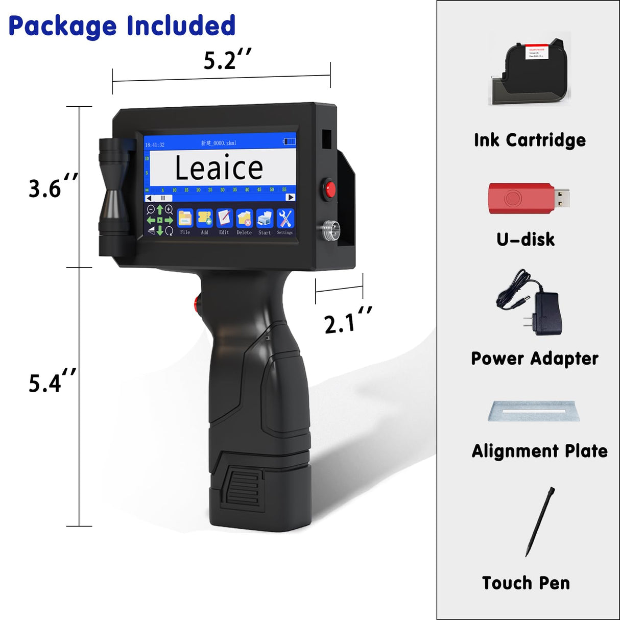 Handheld Inkjet Printer with 42ml Black Quick-Drying Ink Cartridge, Portable Handheld Printer Gun Printing Height 0.08-0.5 Inch for Text QRCode Barcode Batch Number Label Logo Image for Any Surface Leaice