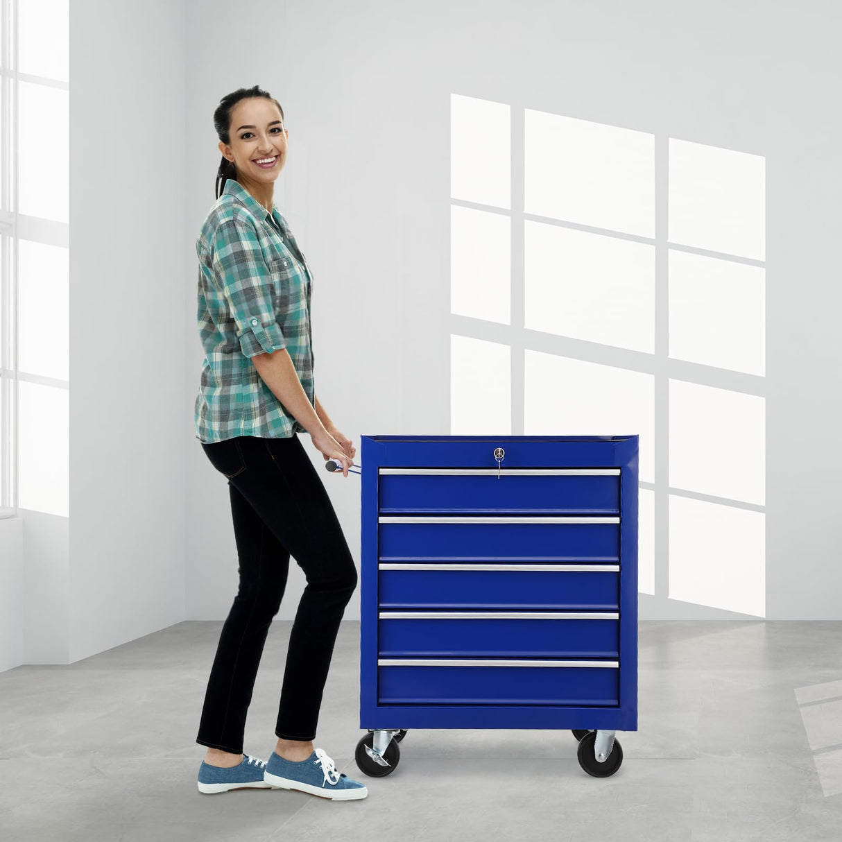 5 Drawer Rolling Tool Box,Blue Locking Tool Chest With Drawers,Tool Cabinets On Wheels for Garage Storage,Warehouse,Workshop,Repair Shop Mechanic Tool Cart BouPower
