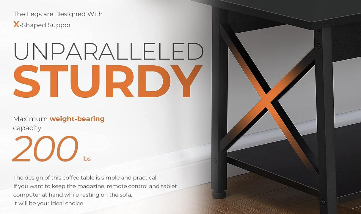 GreenForest Black Coffee Table with Storage Shelf 43.3 x 23.6 inch, 2 Tier Rectangular Center Table for Living Room, Modern Farmhouse Small Table for Home Office,Easy Assembly GreenForest