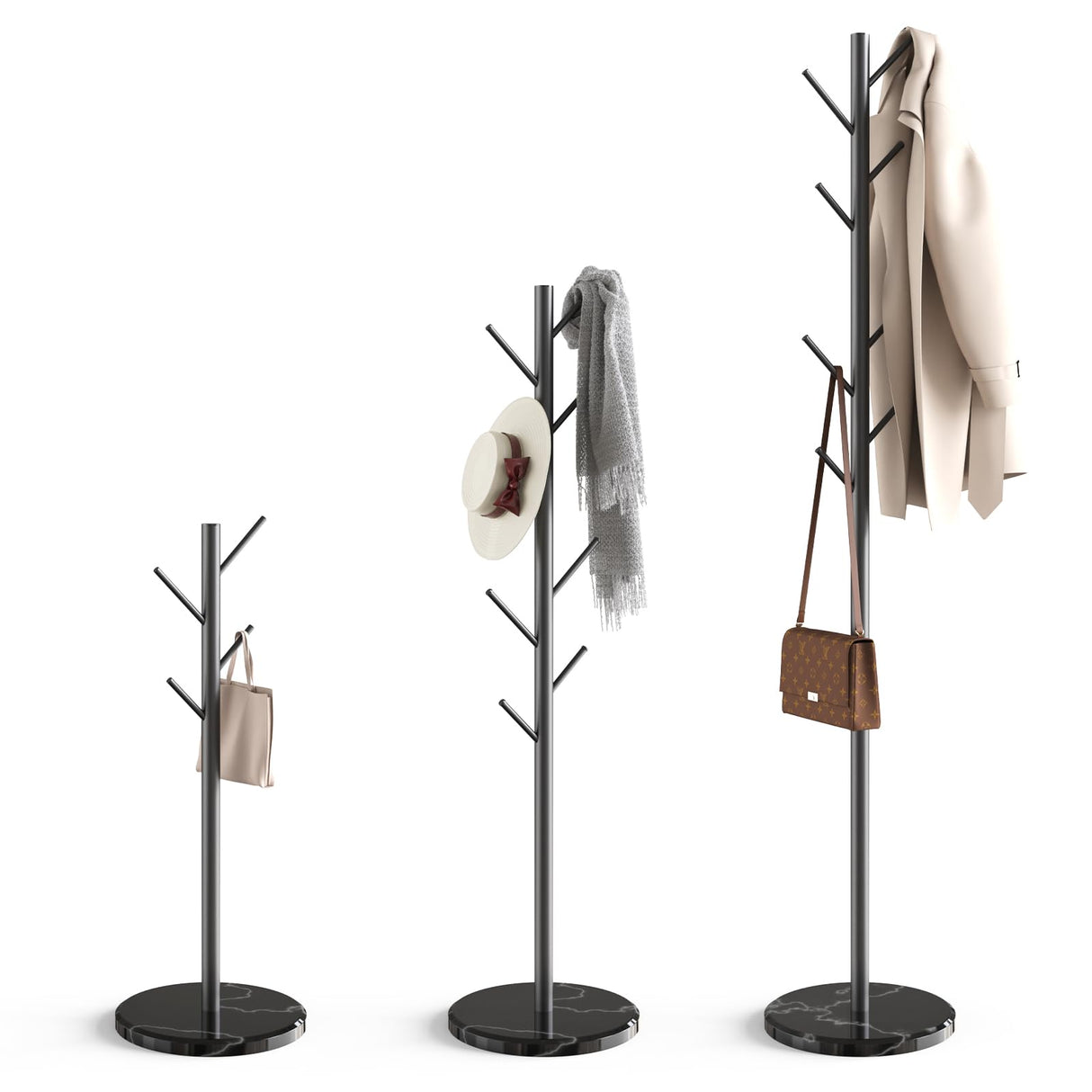 HzTinT Coat Rack with Natural Marble Base, Metal Freestanding Coat Rack with 8 Hooks, 3 Adjustable Size Sturdy Coat Tree for Bags, Coats, and Hats for Entryway, Hallway, Bedroom, Office, Black HzTinT