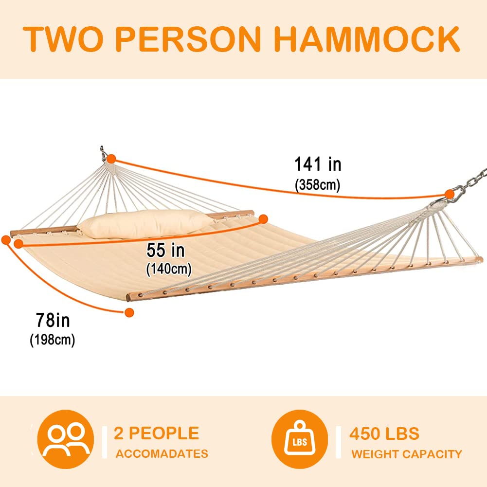 Lazy Daze Hammocks 12FT Quilted Fabric Double Hammock with Pillow, 2 Person Hammock with Spreader Bar for Outdoor Outside Patio Garden Yard Pool Beach (Linen) Lazy Daze Hammocks