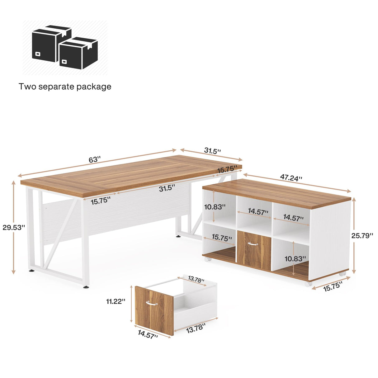 Tribesigns 63-Inch Executive Computer Desk with 47-Inch Lateral File Cabinet, Large Workstation Business Furniture, L Shaped Desk with Drawers and Storage Shelves for Home Office, Walnut & White Tribesigns