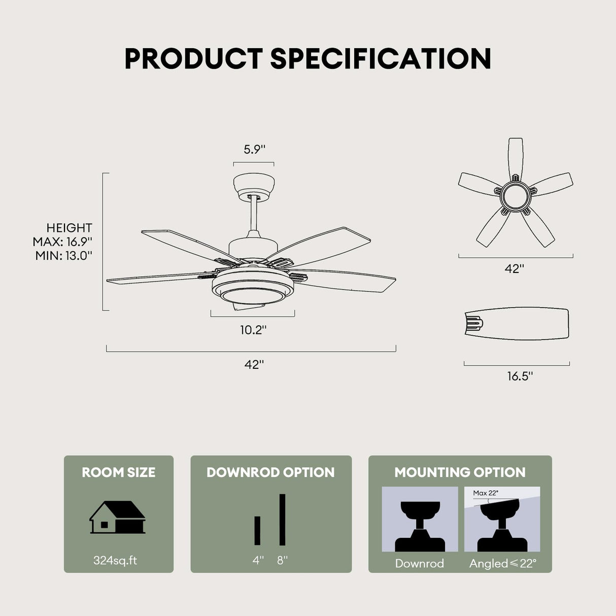 Fanbliss 42 Inch Nickel Ceiling Fans with Lights and Remote Control for Bedroom, Modern Ceiling Fan with Quiet Reversible DC Motor, 3CCT, Dimmable, LED for Living Room, Patio, Indoor and Outdoor Fanbliss