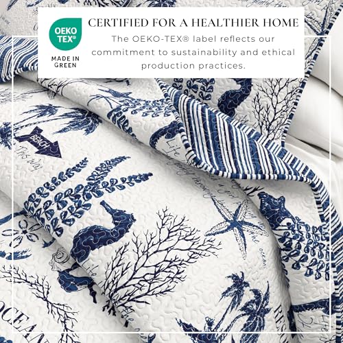 Full / Queen Coastal Quilt Bedding Set, Summer Coastal Quilt with Shams, Beach 3-Piece Reversible All Season Bedspread Quilt Set. Lightweight Nautical Quilted Coverlet. Catalina Collection, Navy. Great Bay Home
