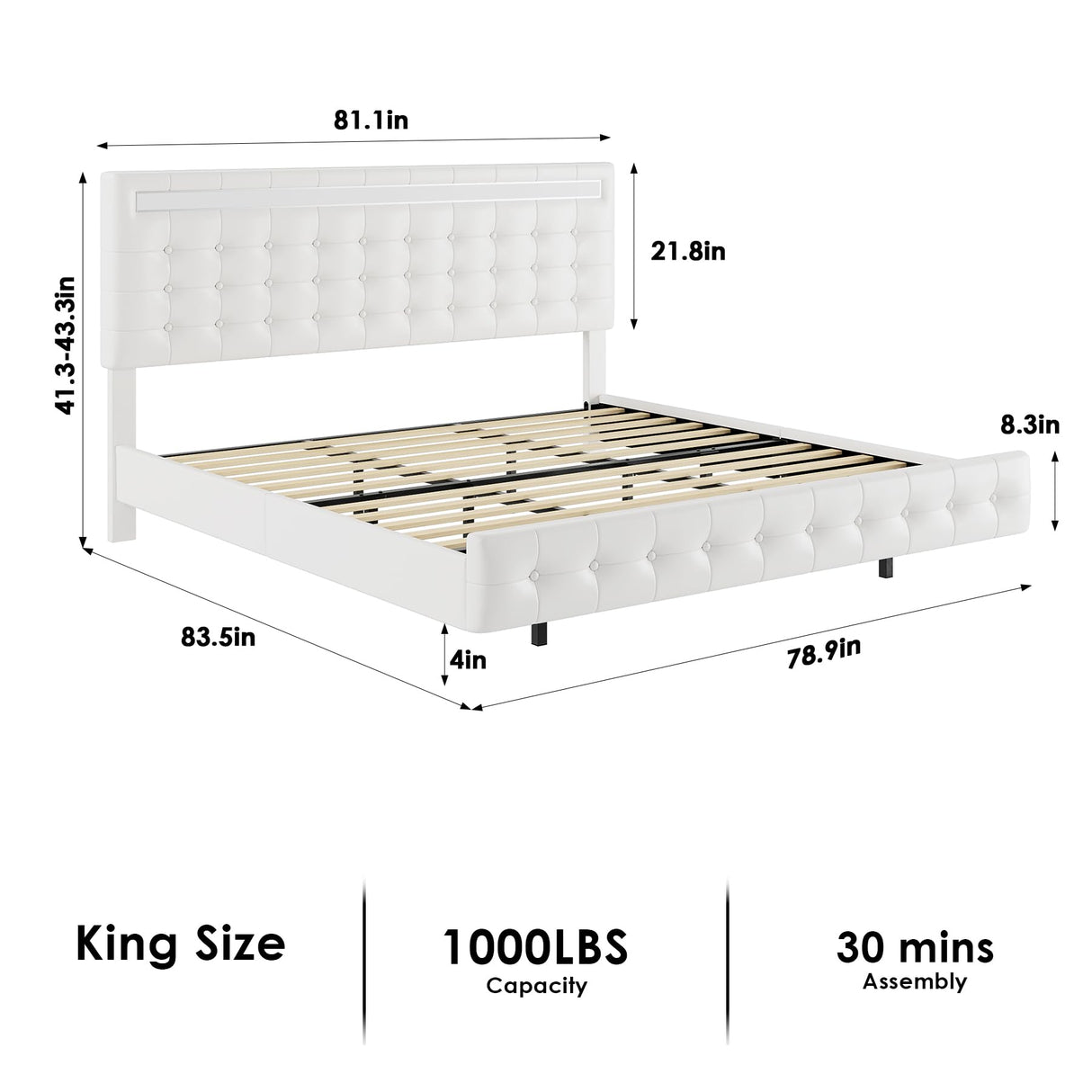 Keyluv Floating King Bed Frame with LED Lights and Adjustable Headboard in White Keyluv