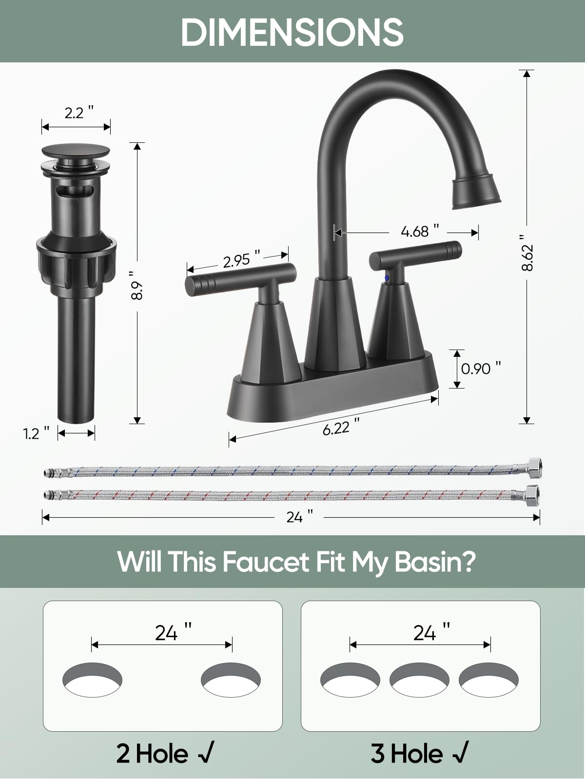 Cobbe Bathroom Faucets for Sink 3 Hole, 4 Inch with Pop Up Drain and 2 Supply Hoses, 2 Handle Centerset Bathroom Faucet for Sink Vanity, Midnight Black Matte Cobbe