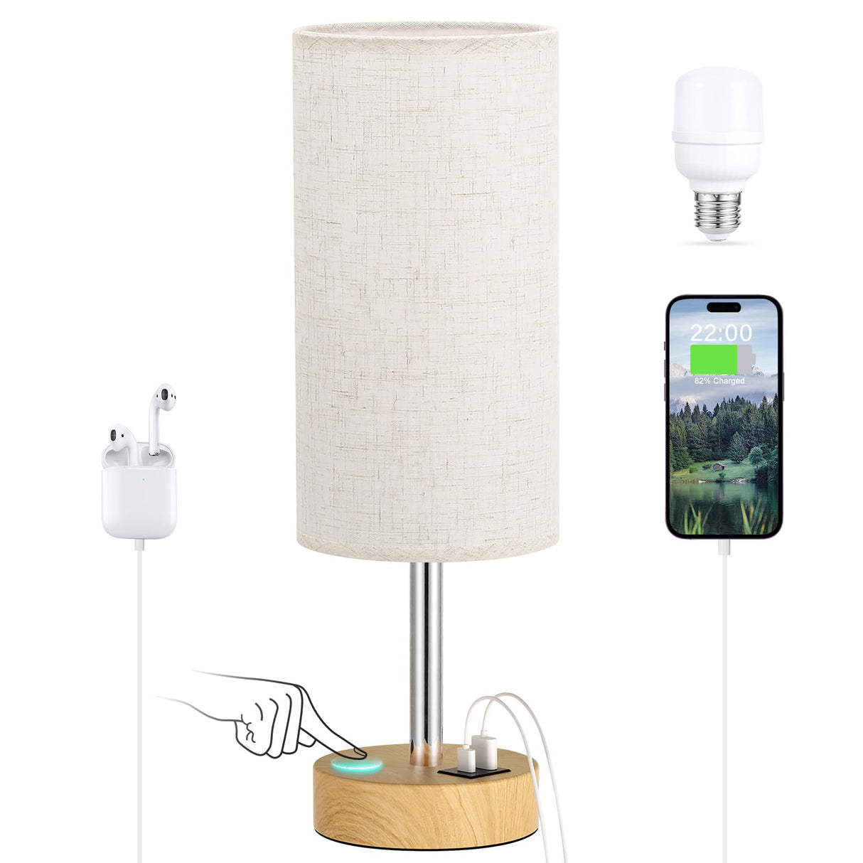 Touch Bedside Table Lamp with USB - 3 Way Dimmable Wood Lamp for Bedroom Nightstand, Desk Lamp with Charging Station for Dorm, Living Room, Office, Kids Room, Nursery, Small Dicoool