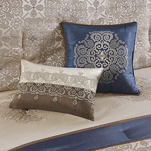 Madison Park Essentials Delaney 24-Piece Room In A Bag Comforter Set-Satin Jacquard All Season Luxury Bedding, Sheets, decorative pillows and Curtains, Valance, Queen (90 in x 90 in), Medallion Navy Madison Park