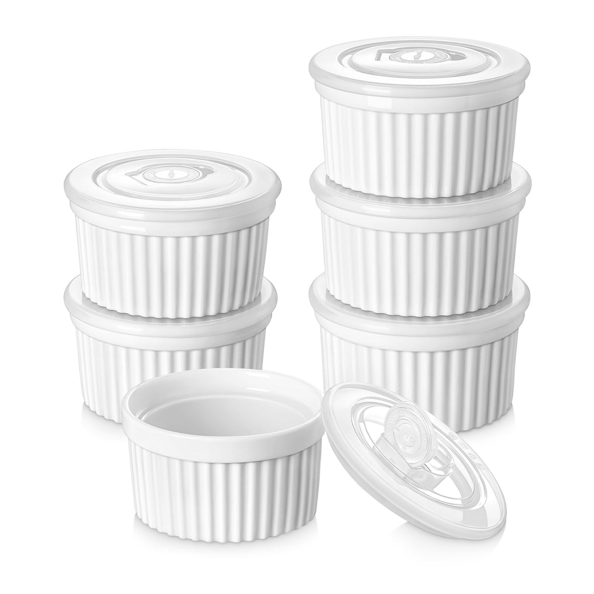 vancasso 8 oz Ramekins with Lid, Porcelain Creme Brulee Souffle Dishes, White Pudding Custard Cups Ramiken for Baking, Dishwasher and Oven Safe, Set of 6 vancasso