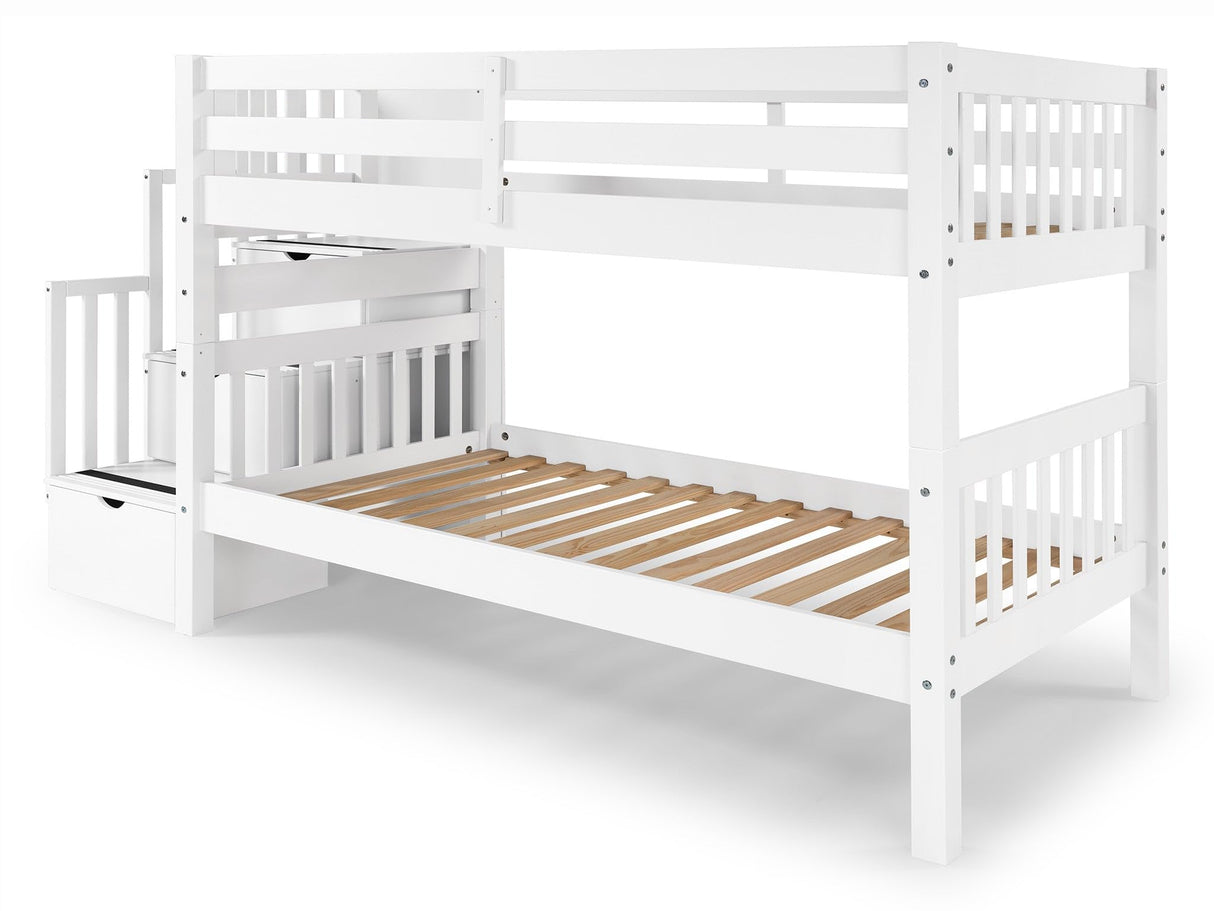 Bedz King Stairway Bunk Beds Twin over Twin with 3 Drawers in the Steps, White Bedz King