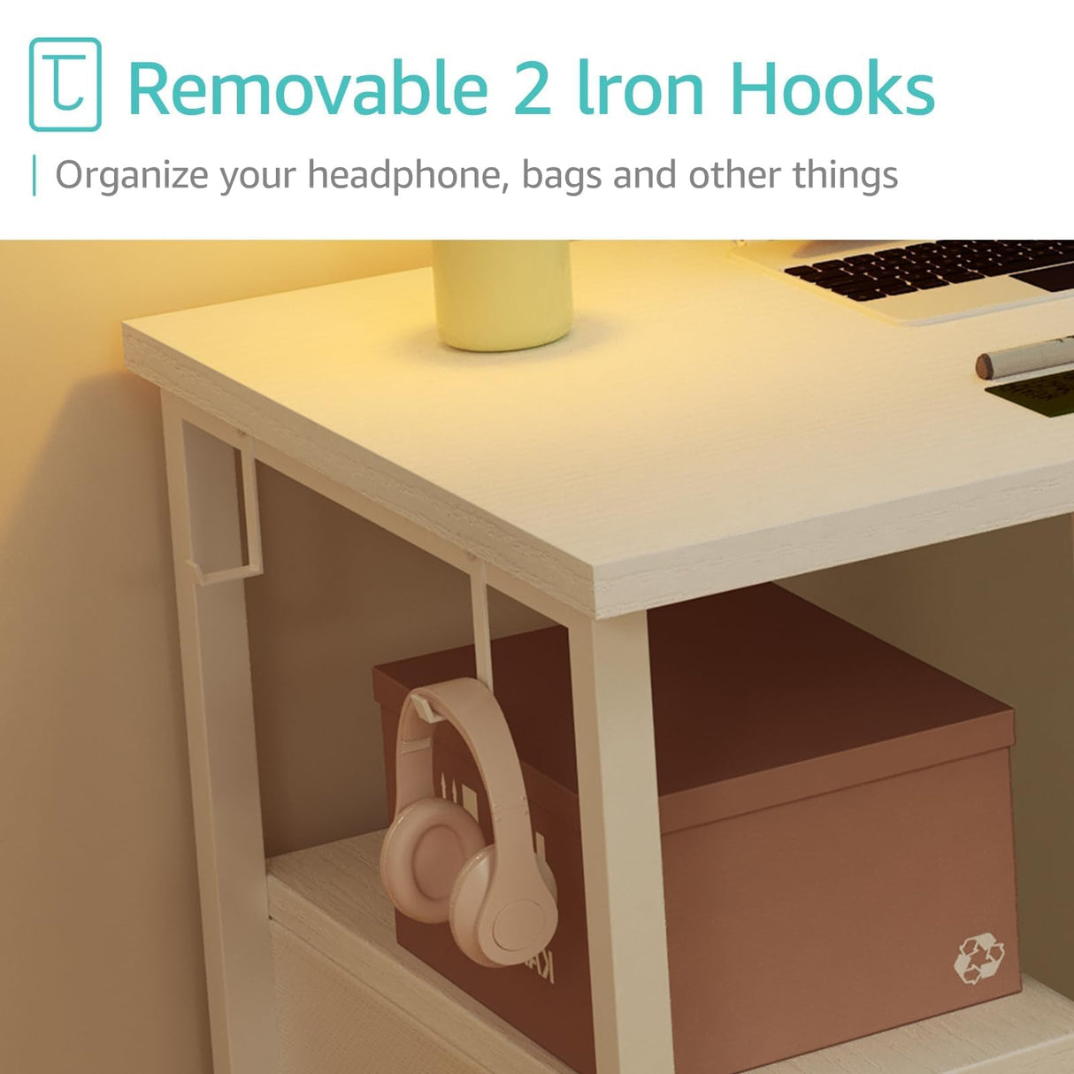 Lufeiya White L Shaped Computer Desk with Fabric Drawers, 47 Inch Corner Home Office Desk with Monitor Stand Shelves, Writing Study Gaming Desks with Led Lights and Power Outlets for Bedroom, White Lufeiya