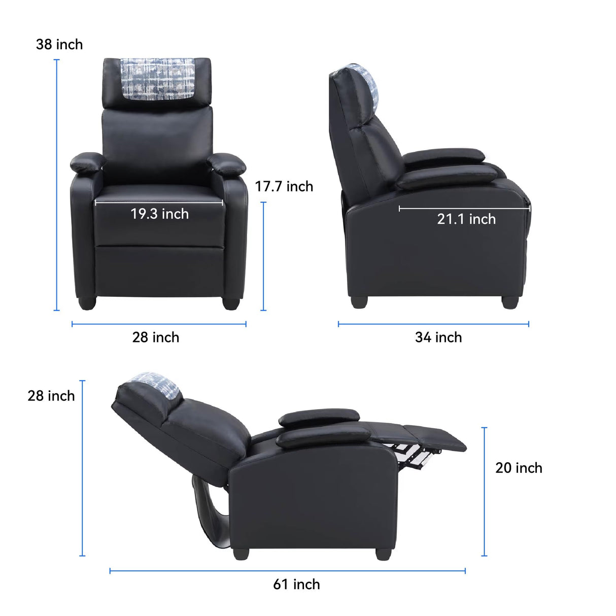 Manual Recliner Chair with Cup Holder – Classic PU Leather Reclining Single Sofa for Living Room, 3-Position Adjustable Recliner with Footrest and Headrest Pillow, Easy Assembly (Black) Generic