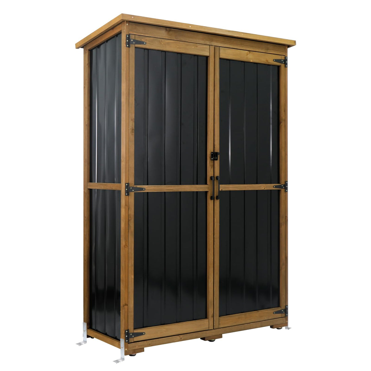 Outdoor Storage Cabinet Wood & Metal with Waterproof Roof, Garden Tool Shed with 4 adjustable reinforced feet with metal brackets, 3 Removable Shelves, 6 T-Hinge, Magnetic door,18.1"D x 49"W x 68.5"H Gowoodhut