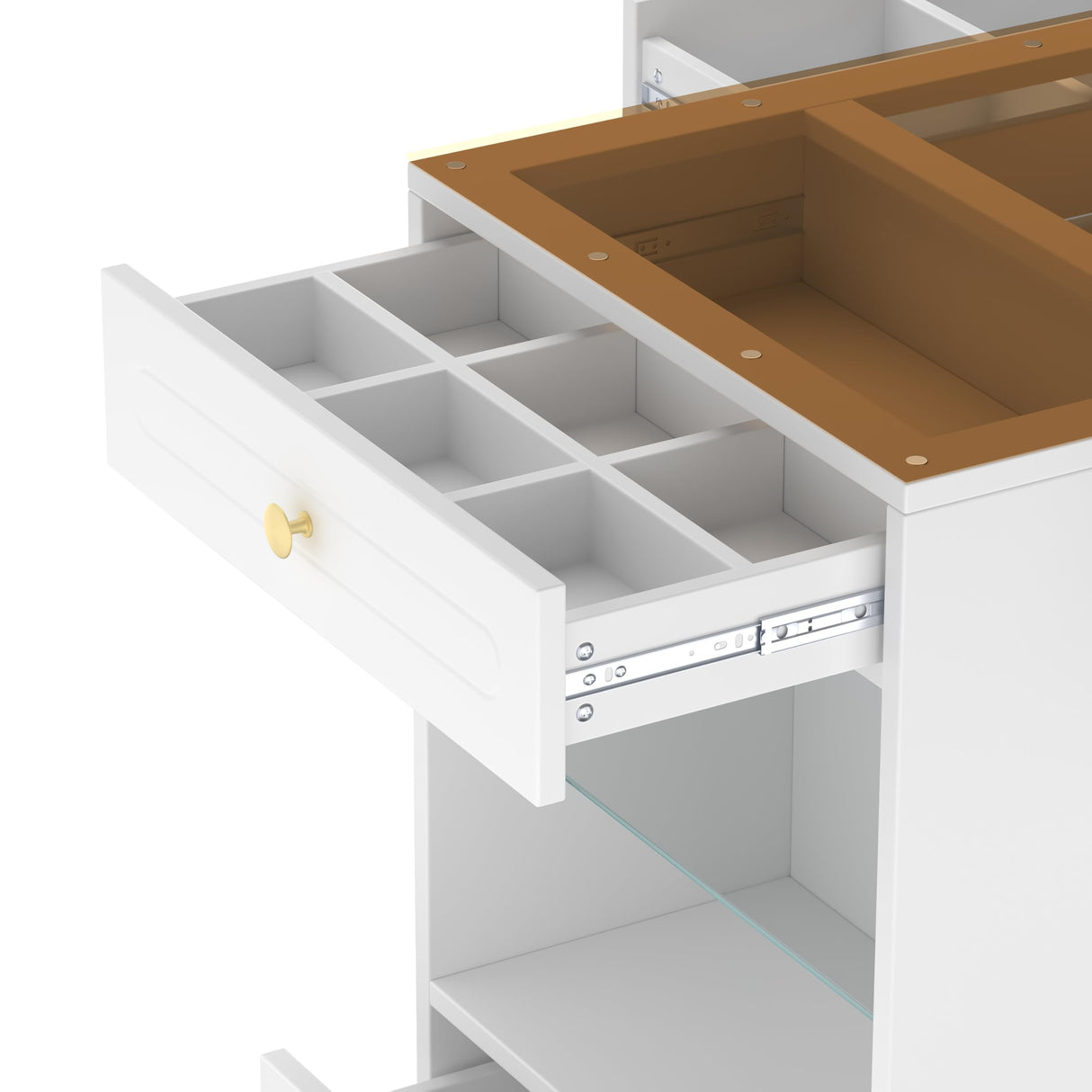 Polibi Walk-in Closet Island Organizer with 6 Drawers, Tempered Glass Display Top & 3-Side Open Shelves - Jewelry Vanity Storage Cabinet - Bedroom Wardrobe Center - MDF/Particle Board,White Polibi