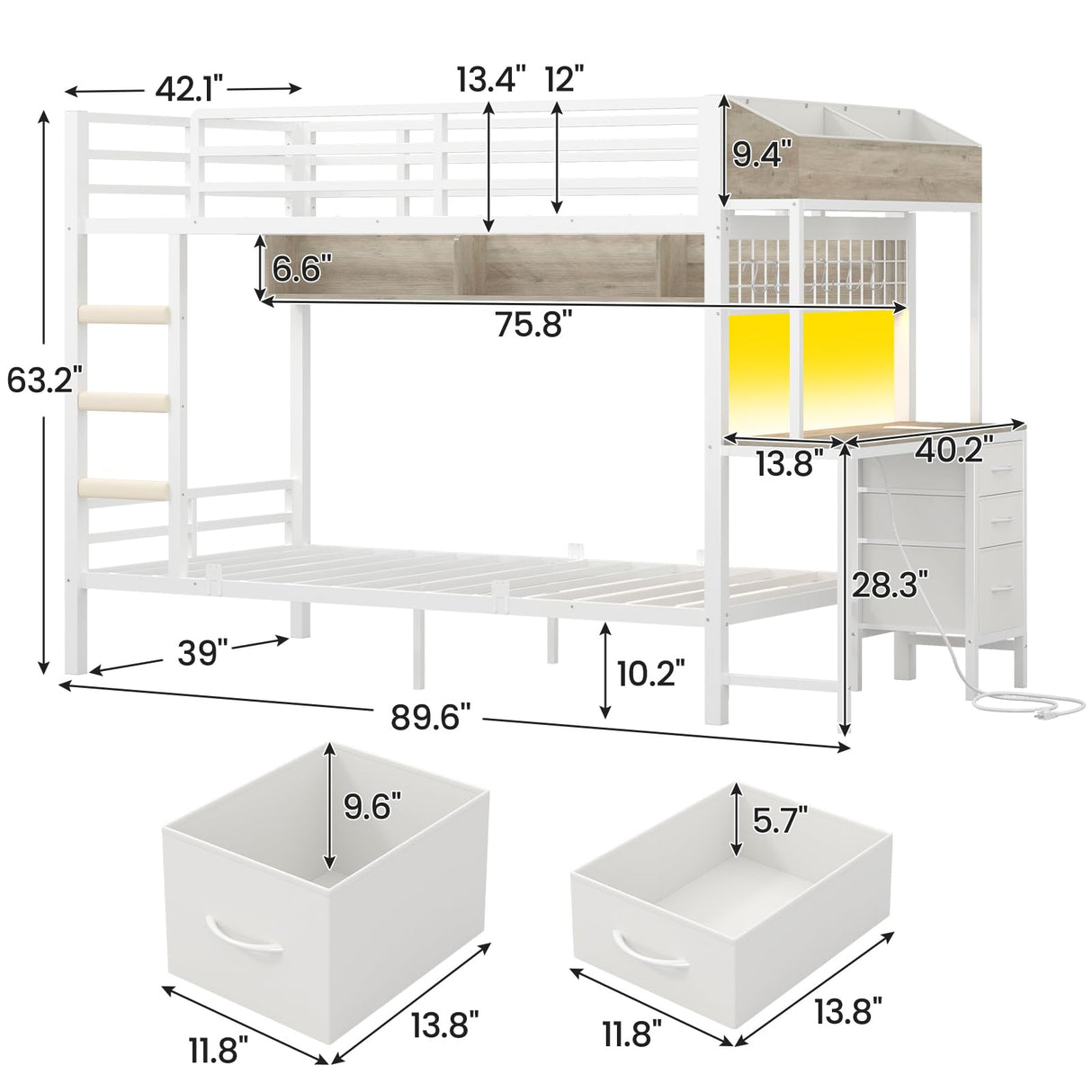 VIAGDO Bunk Bed Twin Over Twin with Charging Station and LED Lights, Heavy Duty Metal Bunk Bed with Desk and 3 Storage Drawers, Utility Storage Shelf and Boxes, No Box Spring Needed, White VIAGDO