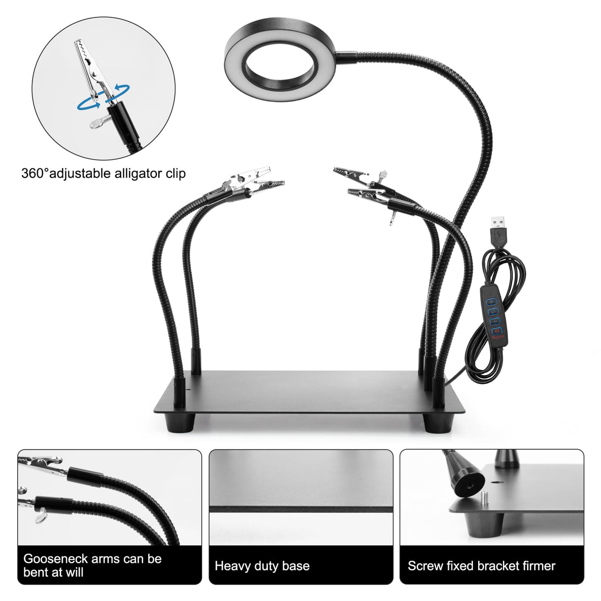 Helping Hands Soldering, PCB Holder Soldering Station Third Hand Tool with 5X Magnifying Glass with Light, 4 Arms Helping Hands Non-Slip Steel Weighted Base for Welding OBDMONSTER