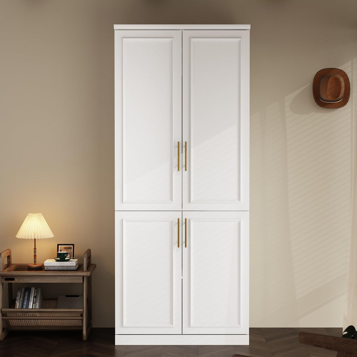 WOODTIME Wardrobe Closet with Hanging Rod, Modern Wooden Armoire with 4 Framed Doors & 3 Large Shelves, Clothes Storage Cabinet Organizer for Bedroom Apartment, White WOODTIME