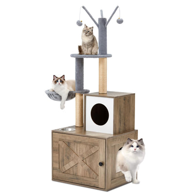 Erinnyees Cat Tree with Litter Box Enclosure, 2-in-1 Cat Tower with Scratching Post,Hammock, Food Station, Platform and Pompom Sticks, Hidden Litter Box Furniture