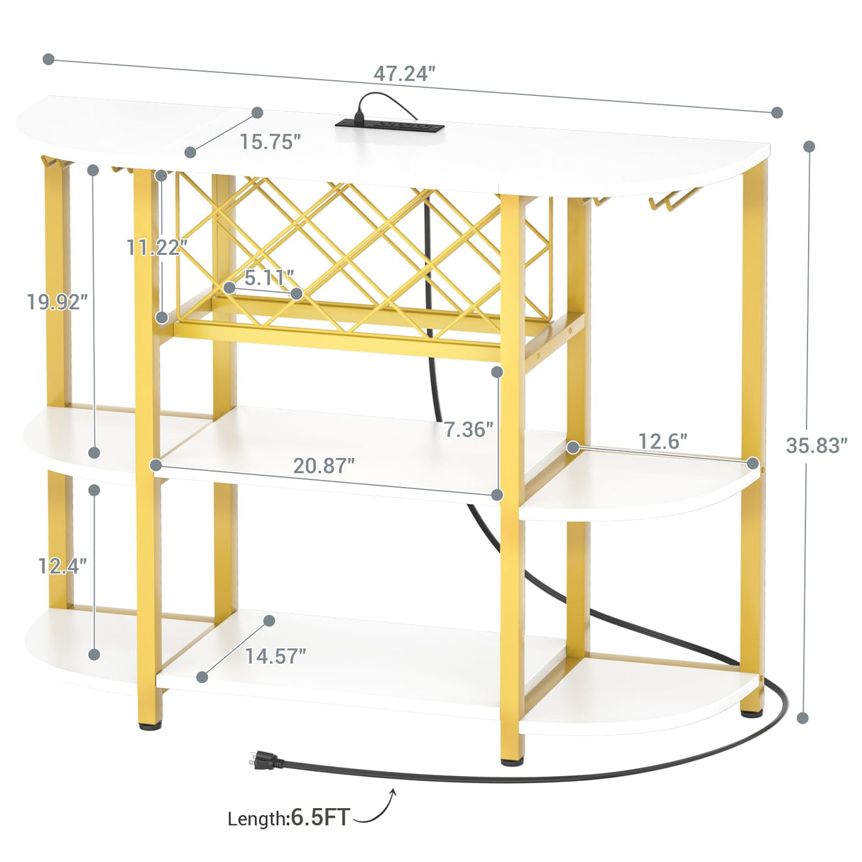 Unikito 4-Tier Metal Coffee Bar Cabinet with Outlet and LED Light, Freestanding Floor Bar Table for Liquor with Glass Holder and Wine Storage, Wine Bakers Rack for Kitchen Dining Room, White and Gold Unikito