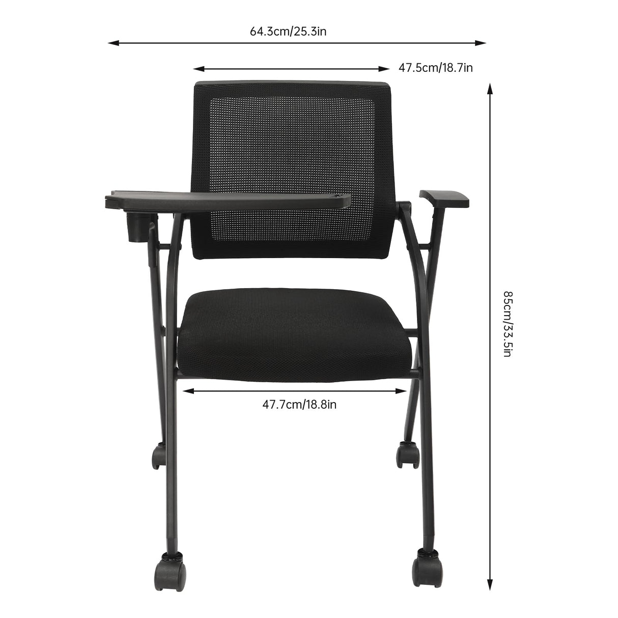 Kreiaoer Folding Office Chair with Tablet and Caster Wheel, Mesh Guest Reception Chairs with Arm, Rolling Chair for Office, School, Training Conference Waiting Room (Black) Kreiaoer