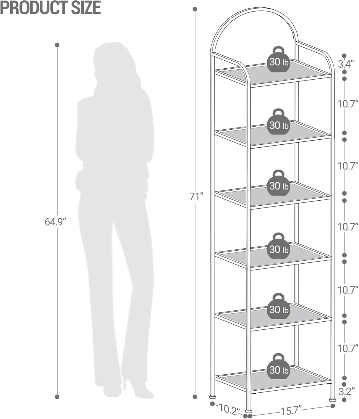 Hzuaneri Bookcase Bookshelf, Tempered Glass Bookshelves, Slim Shelving Unit for Bedroom, Bathroom, Home Office, Steel Frame, 6 Tier Black BC10601B Hzuaneri