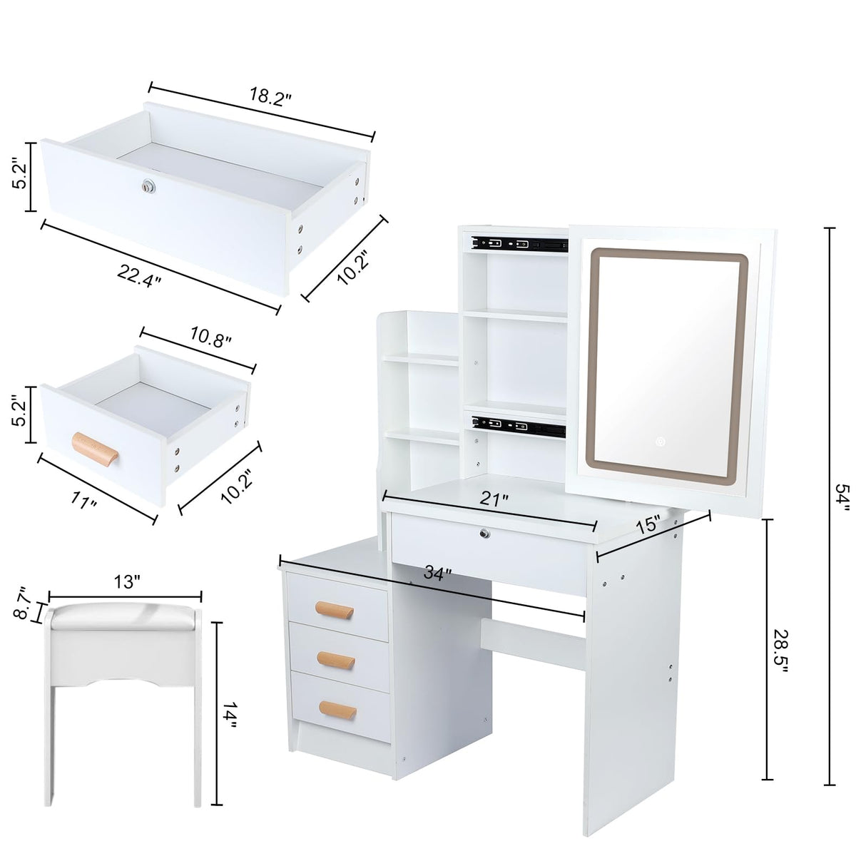 cdar Makeup Vanity Desk with Mirror and Lights, 3 Colour Light Modes Bedroom Dressing Table wih Drawers Shelves Chair Wooden Handles and a Lock Easy cdar