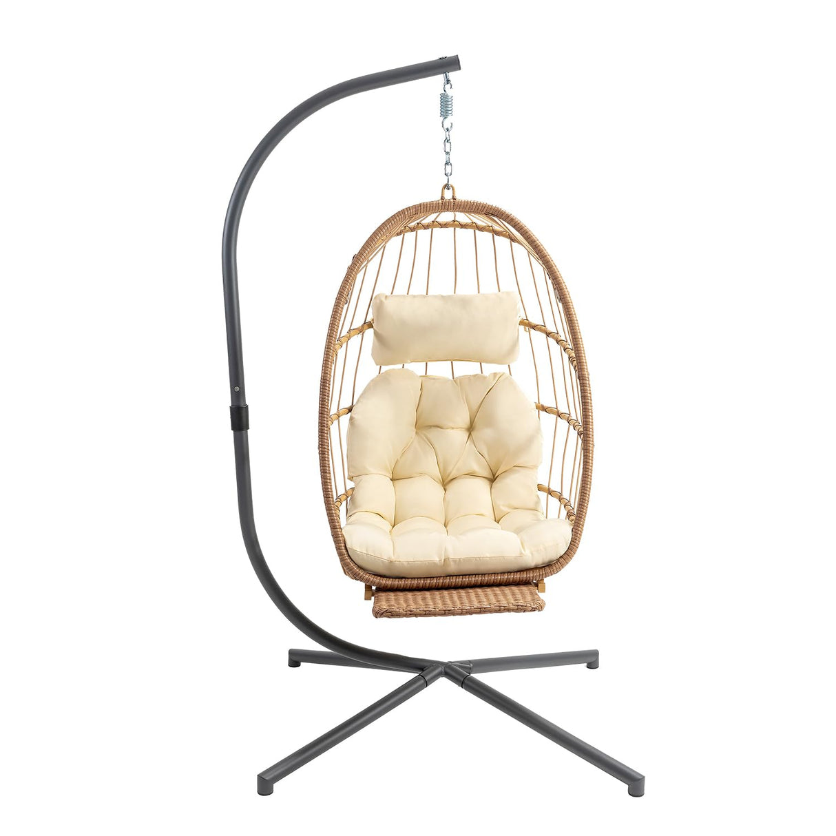 Yechen Hanging Egg Chair with Stand and Footrest for Indoor Outdoor, Foldable Wicker Rattan Patio Egg Swing Chairs Hammock Egg Chair with UV Resistant Cushion for Bedroom Porch, 350 Lbs Capacity Yechen