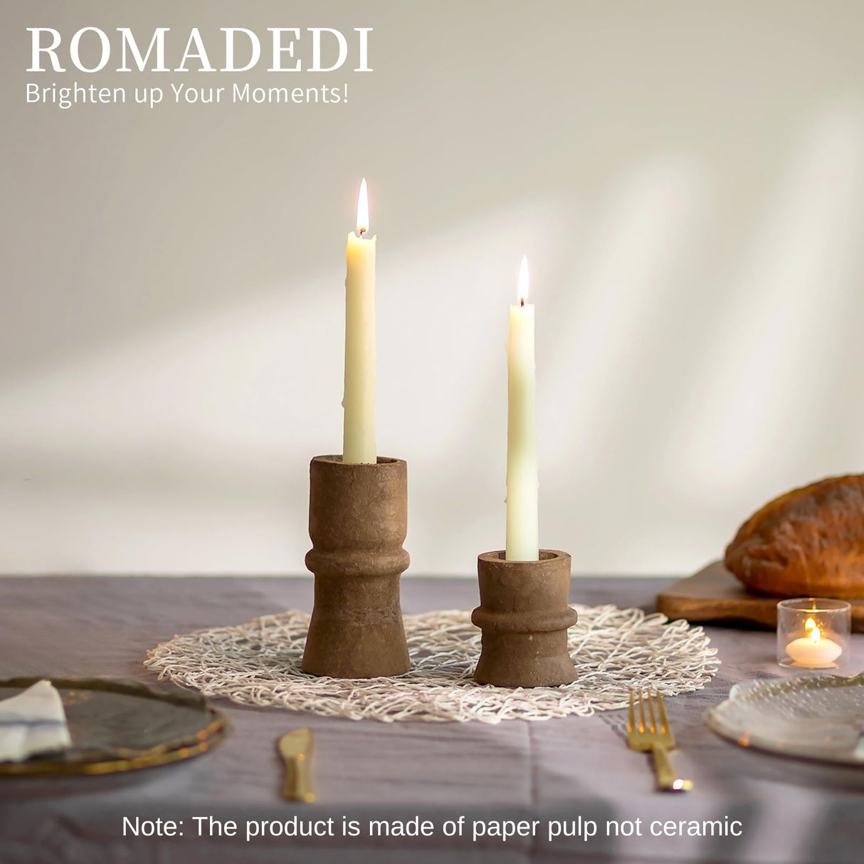 Romadedi Candlestick Holders Boho Decor: Taper Candle Holders Paper Mache for Living Room Morden Decorations Candle Stick Dining Table Centerpiece Fireplace Home Decoration Brown Romadedi