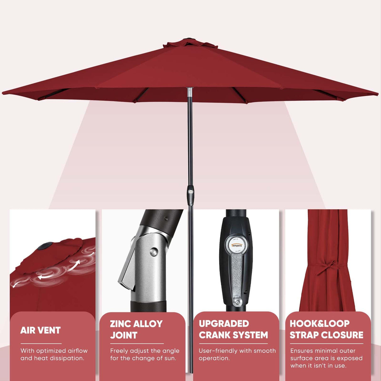 Tempera 10ft Patio Market Outdoor Table Umbrella with Auto Tilt and Crank,Large Sun Umbrella with Sturdy Pole&Fade resistant canopy,Easy to set,Chili Tempera