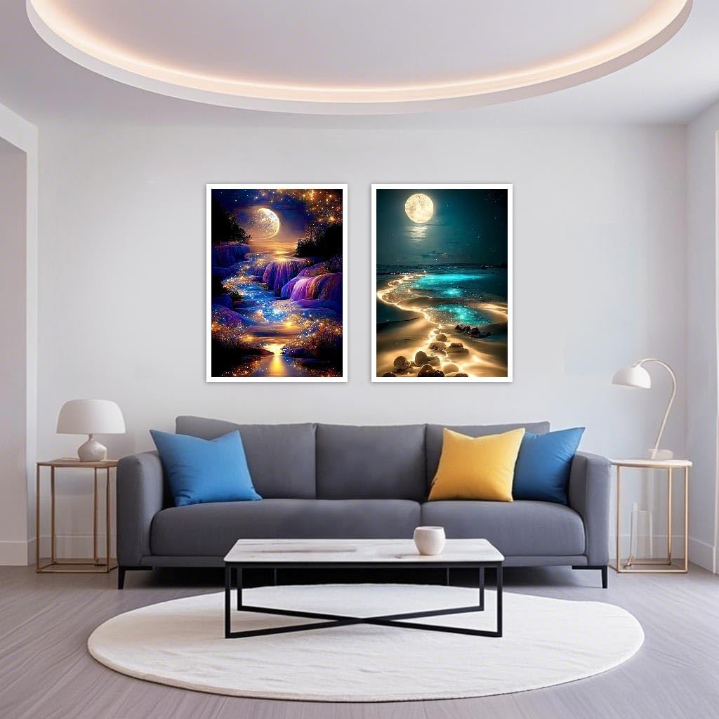 Mowana 2 Pack Moon Beach Diamond Art Kits for Adults – Moonlight Diamond Painting on Canvas, Landscape & Moonwaterfall Relaxing 5D DIY Diamond Art Painting Kit Wall Decor 12x16inch Mowana