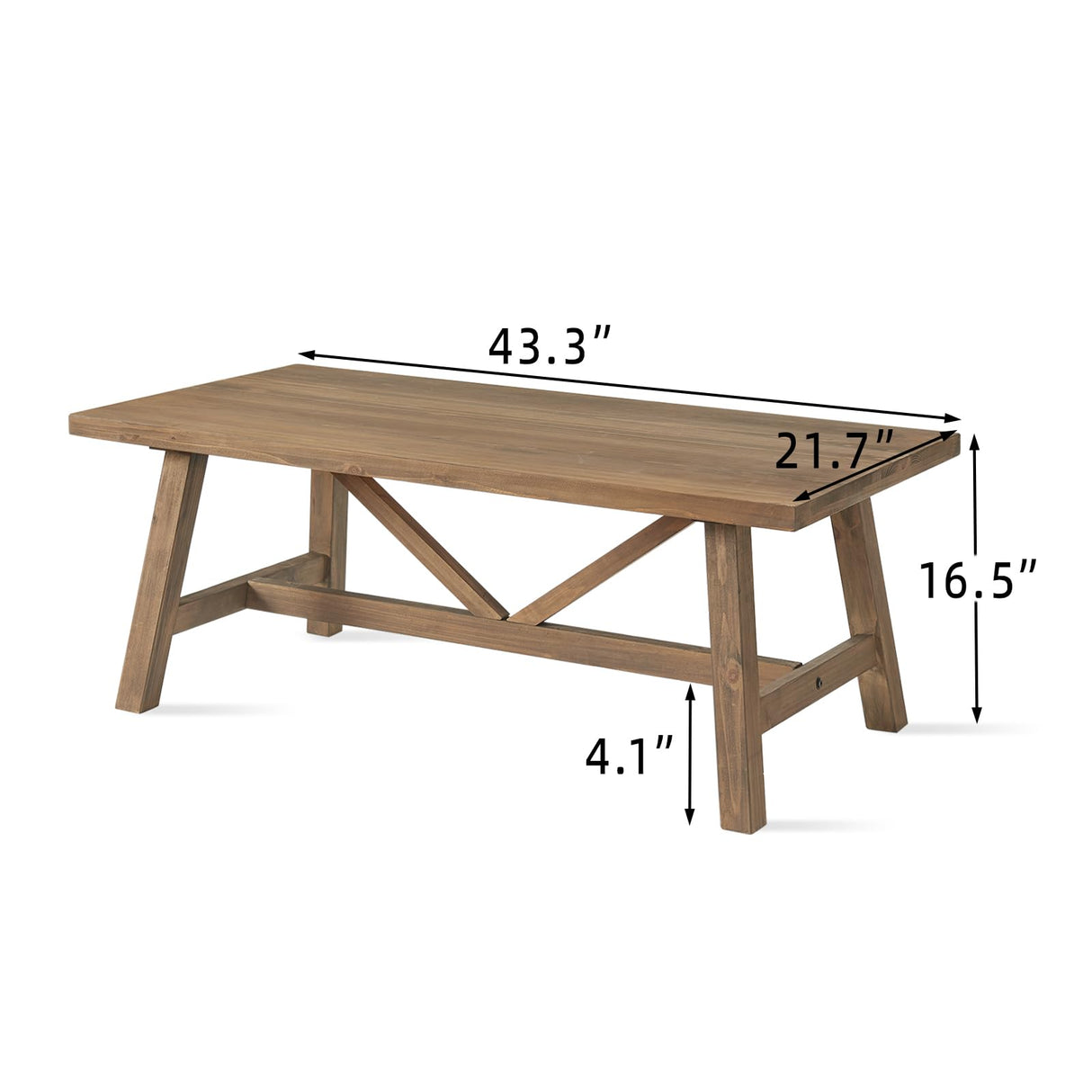 Wnutrees Farmhouse 43" Coffee Table,Solid Wood Center Tables for Living Room and Office, Rustic Wooden Rectangular Table with V-Shaped Support, Natural Wnutrees
