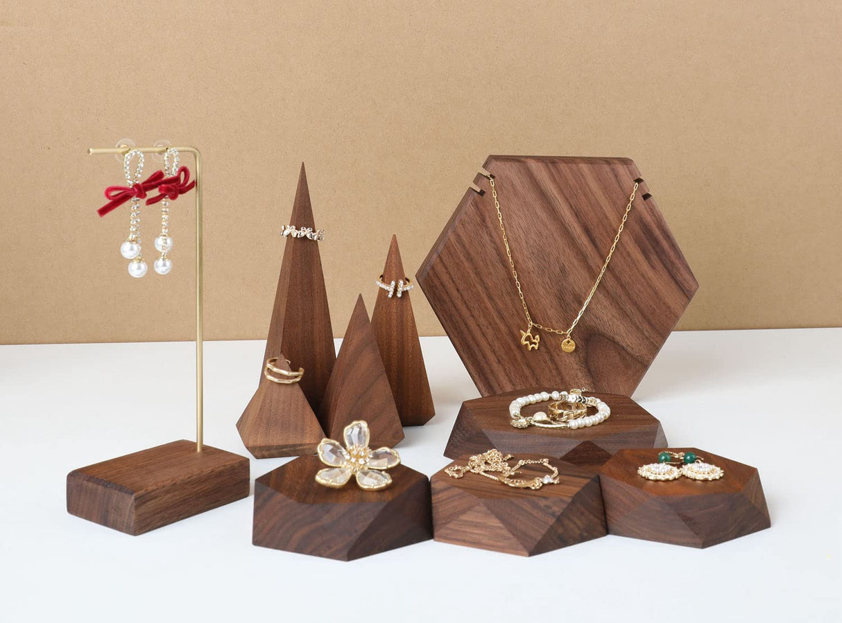 GemeShou 2pcs Wooden Jewelry display tray, Hexagon jewelry display riser, Jewelry retail shop photography props【Walnut Hexagon tray-2pcs】 GemeShou