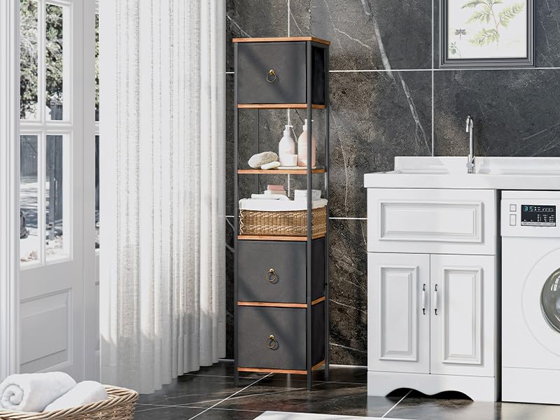 HOOBRO Corner Cabinet, 6-Tier Corner Shelf Stand with 3 Drawers, Bathroom Floor Cabinet, Narrow Storage Cabinet, for Bathroom, Living Room, Rustic Brown and Black BF140CW01 HOOBRO