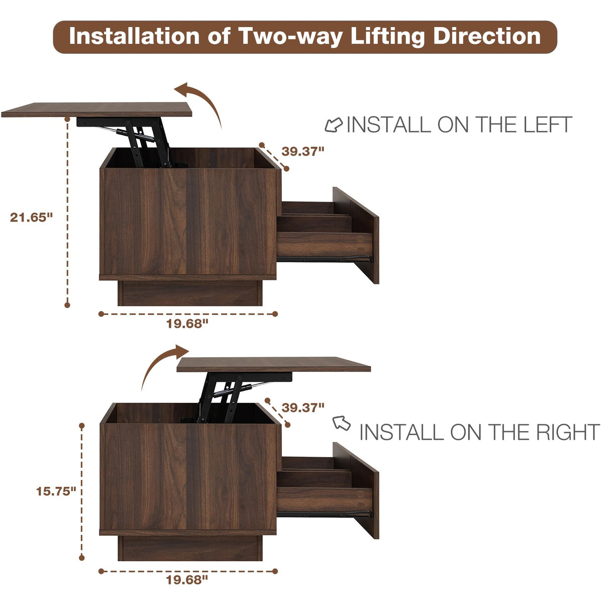 HOMMPA Lift Top Coffee Table with LED Light Morden Coffee Table with Storage High Gloss Walnut Coffee Table for Living Room Tea Table with Storage Center Tables Hidden Compartment & 2 Drawers HOMMPA