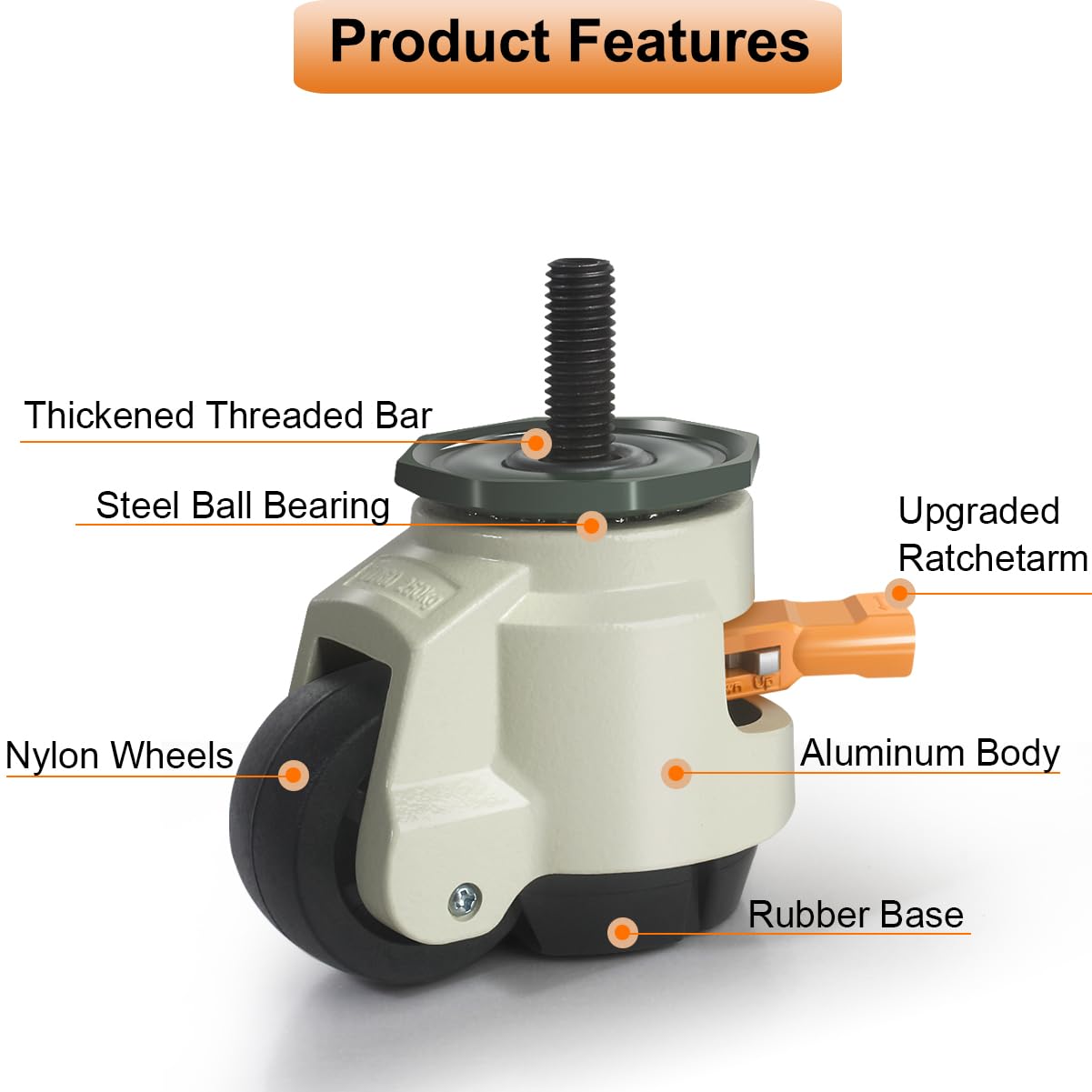 Leveling Stem Casters, M12 Thread Casters Set of 4 Heavy Duty with Leveling feet, 2200 LBS Retractable Caster Wheels with Upgraded Ratchet Arm, Adjustable Height Casters for Workbench, Machine Wieyunn