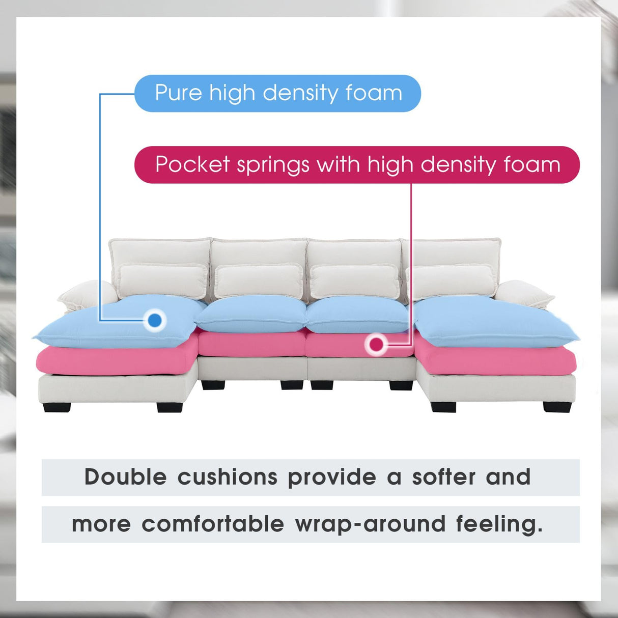 Merax 110" Modular Sectional Couches with Waist Pillows, 6-seat Upholstered Sleeper Sofa Bed Chaise Lounge for Living Room Furniture, White Merax