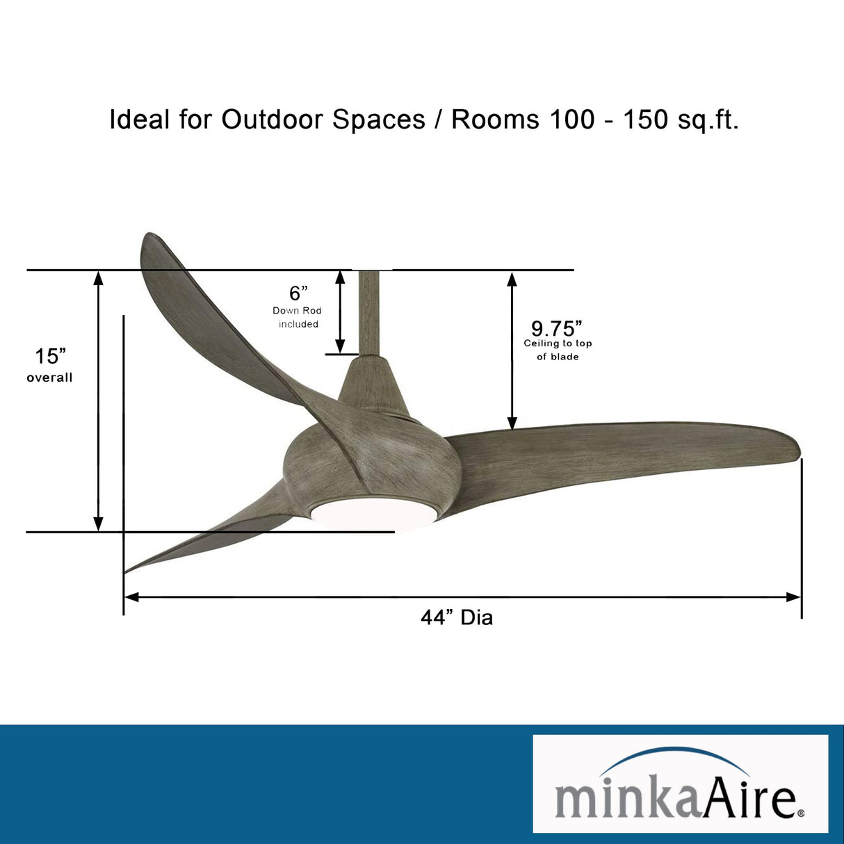 MINKA-AIRE F845-DRF Light Wave 44" Ceiling Fan with LED Light and Remote Control in Driftwood Finish MINKA-AIRE