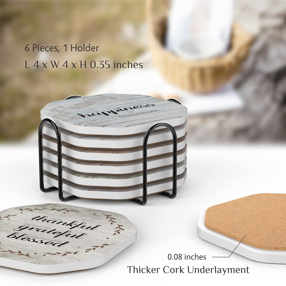 UMIRRO Rustic Farmhouse Coasters for Coffee Table Decor, Ceramic Coaster Set with Holder for Wooden Table, Cute Cup Coasters for Drinks Absorbent, Housewarming Gifts for New House/Home, 4", 6 Pack Umirro