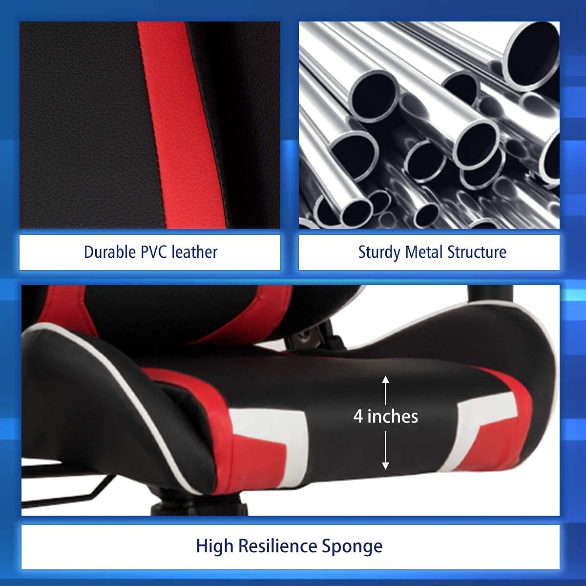 CHEFJOY Massage Gaming Chair, High Back Office Computer Chair with Headrest and Lumbar Support, Racing Style Reclining Swiveling Game Chair for Home Office (Red) CHEFJOY